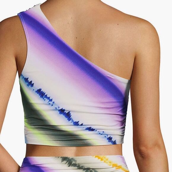 Land's End Ruched One Shoulder Midkini Egret White Ombré Stripes Tankini Top 10 - Picture 4 of 6